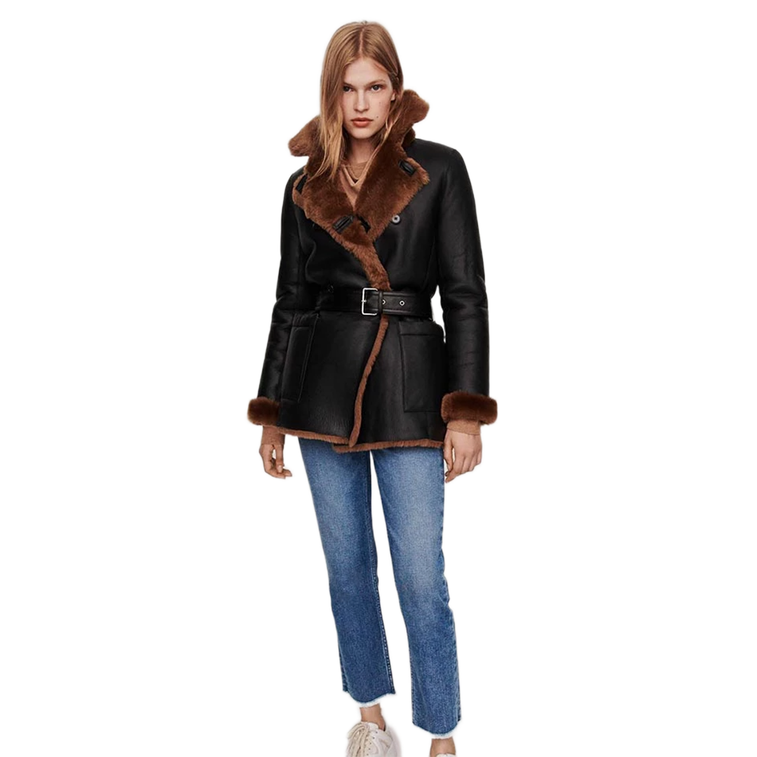 Black Women's Winter Leather Jacket with Shearling Lining