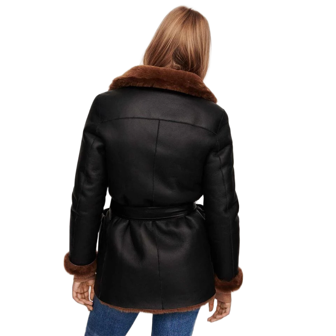 Black Women's Winter Leather Jacket with Shearling Lining
