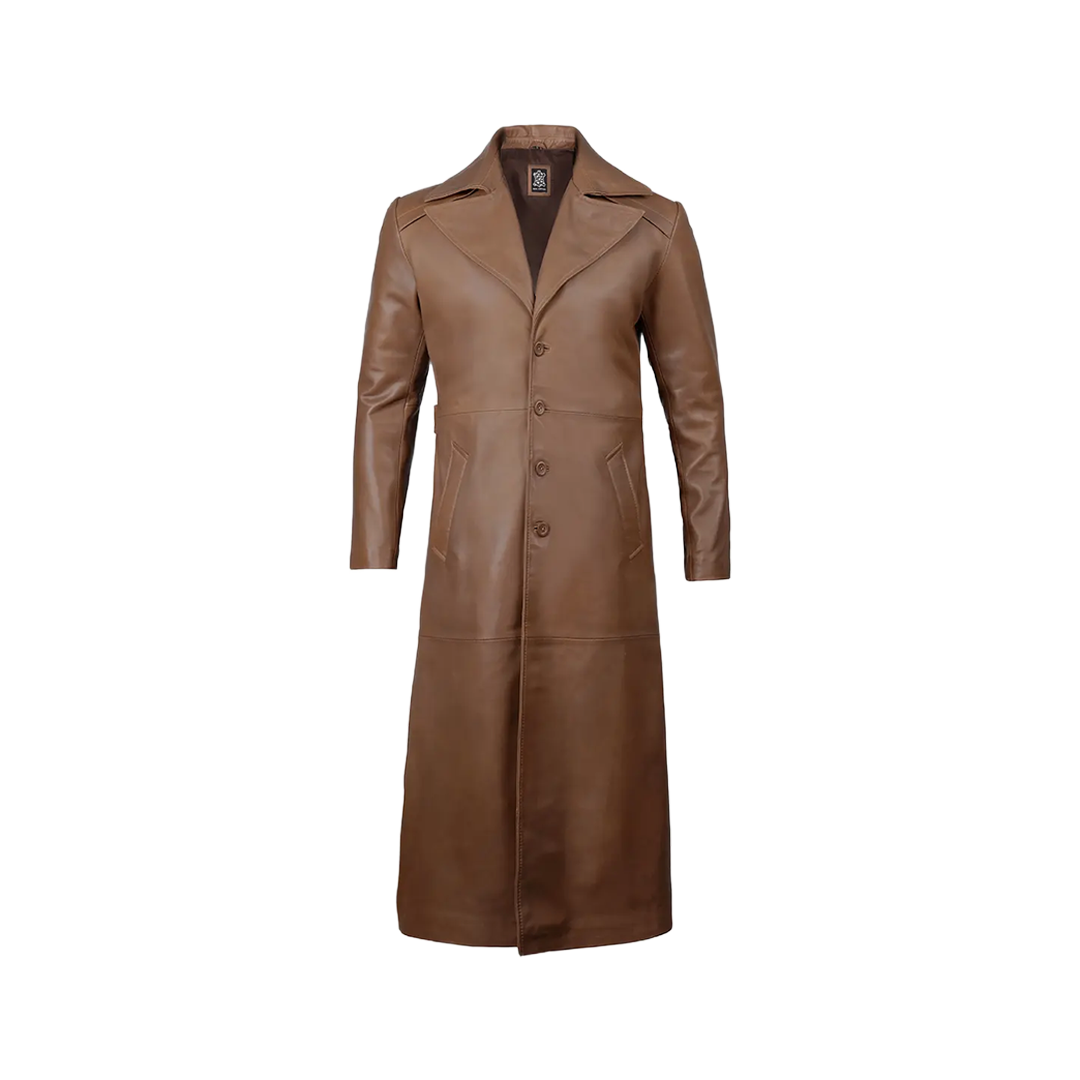 Brown Leather Long Men's Duster Coat
