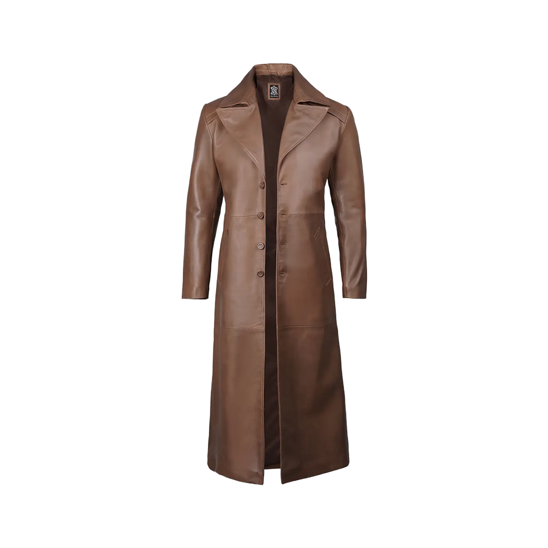 Brown Leather Long Men's Duster Coat