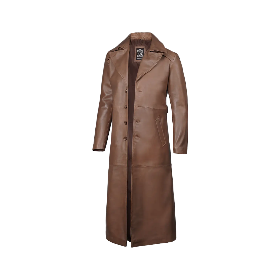 Brown Leather Long Men's Duster Coat