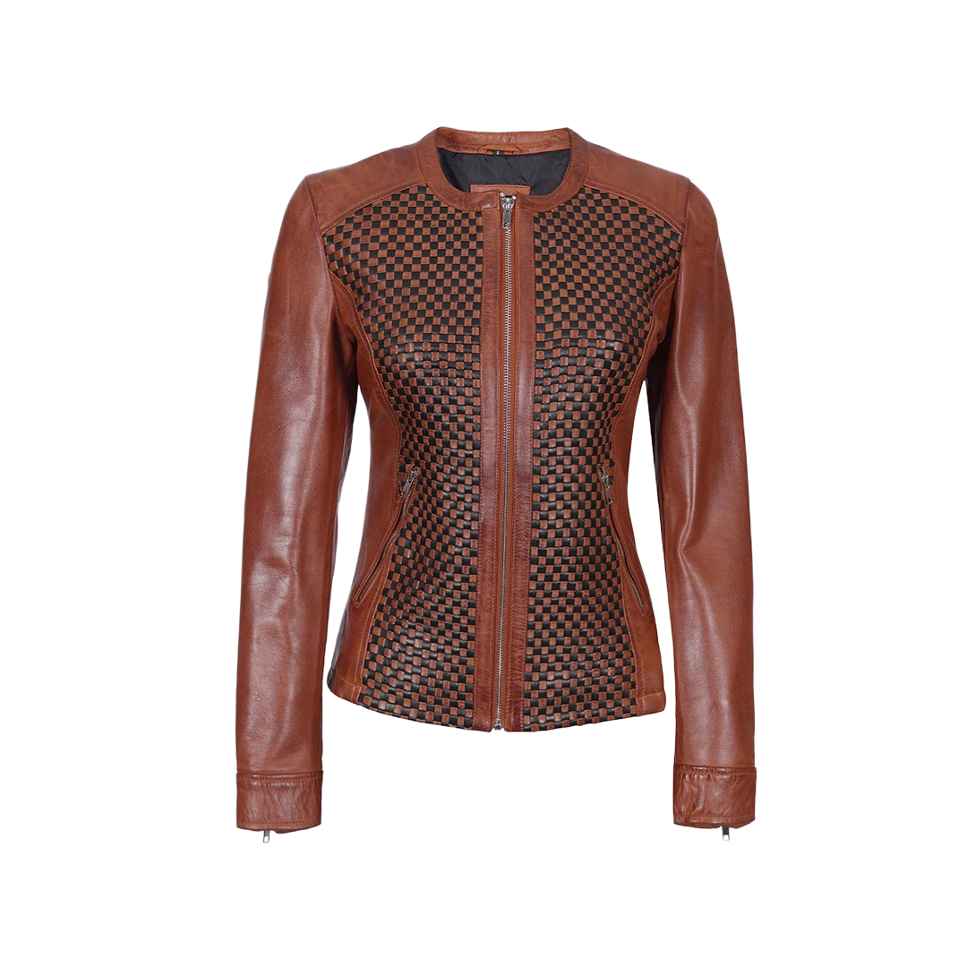 Brown Women's Textured Leather Cafe Racer Jacket