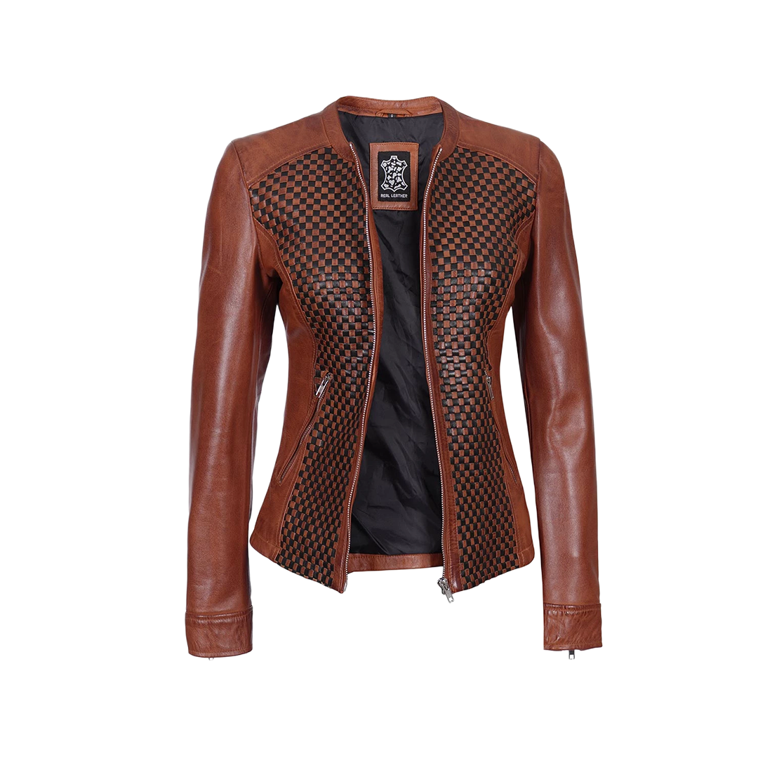 Brown Women's Textured Leather Cafe Racer Jacket