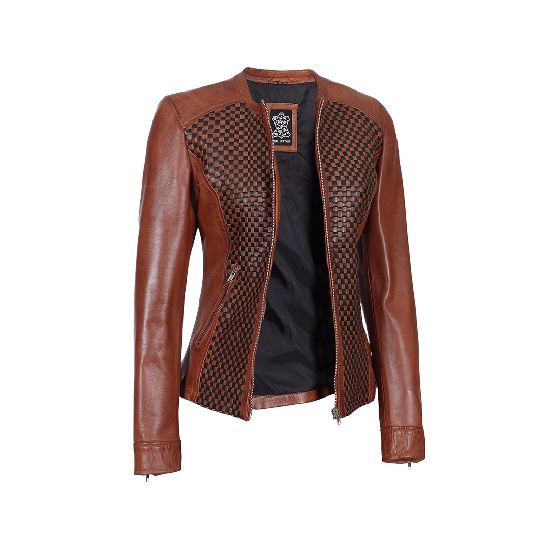 Brown Women's Textured Leather Cafe Racer Jacket