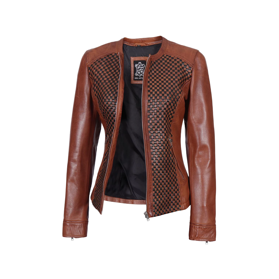 Brown Women's Textured Leather Cafe Racer Jacket