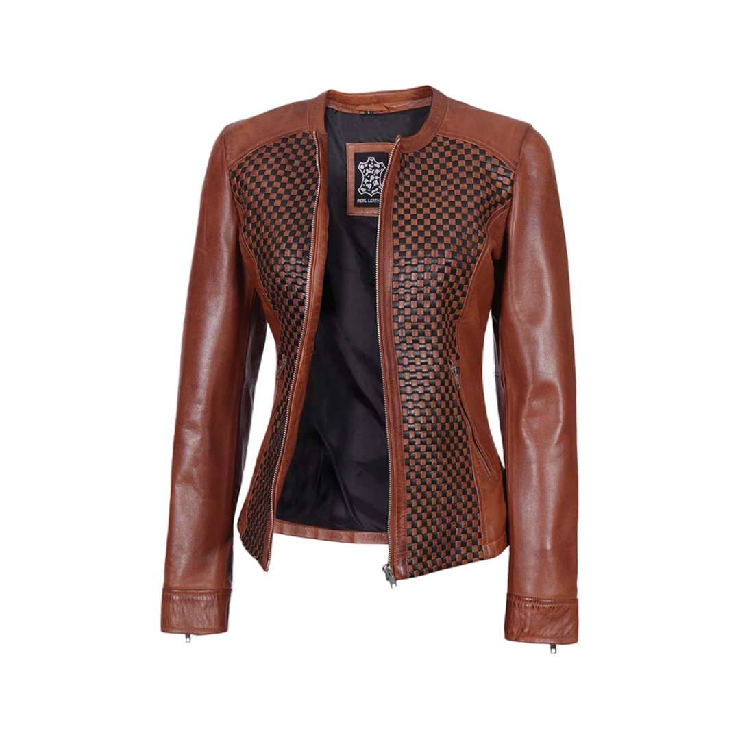 Brown Women's Textured Leather Cafe Racer Jacket
