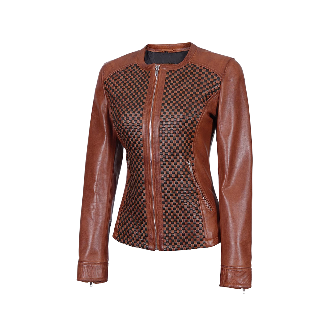 Brown Women's Textured Leather Cafe Racer Jacket