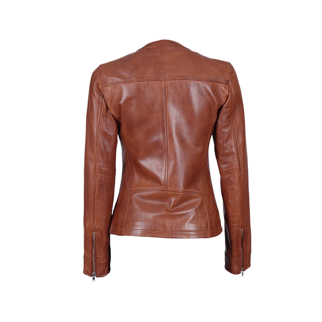 Brown Women's Textured Leather Cafe Racer Jacket