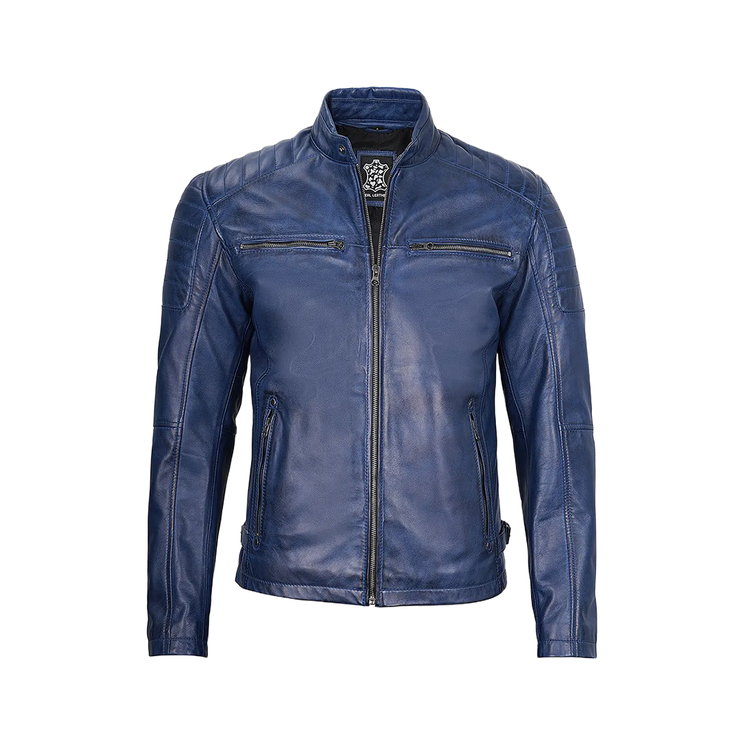 Cafe Racer Blue Leather Jacket for Men