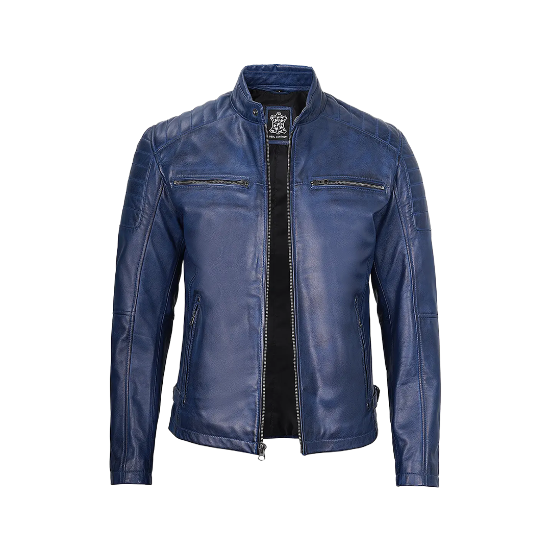 Cafe Racer Blue Leather Jacket for Men