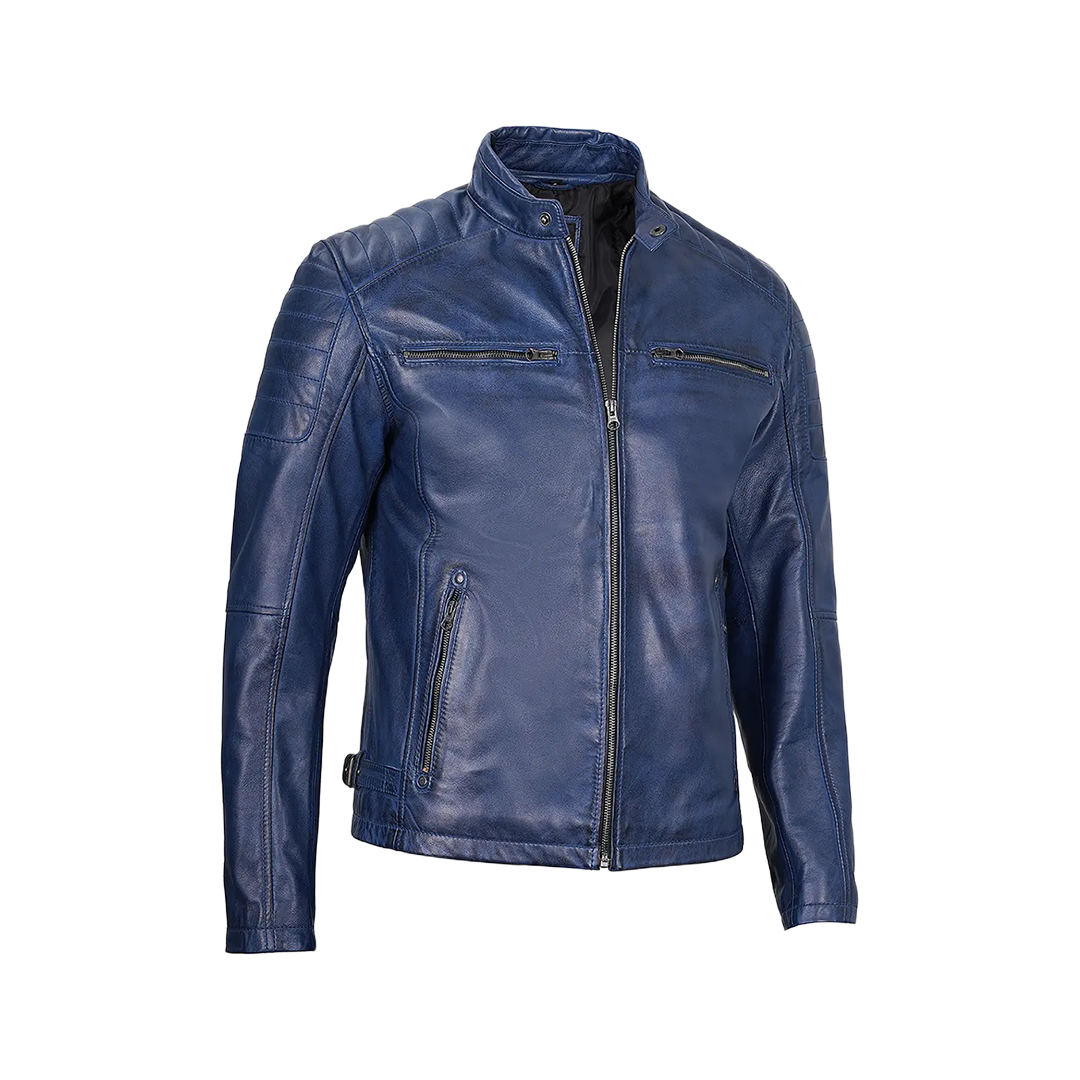 Cafe Racer Blue Leather Jacket for Men