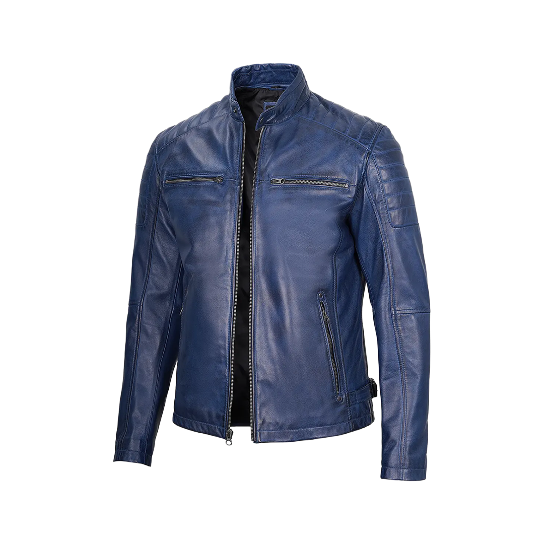 Cafe Racer Blue Leather Jacket for Men