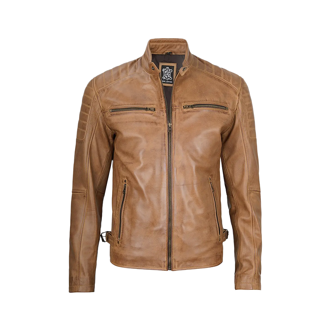 Cafe Racer Camel Brown Leather Jacket for Men