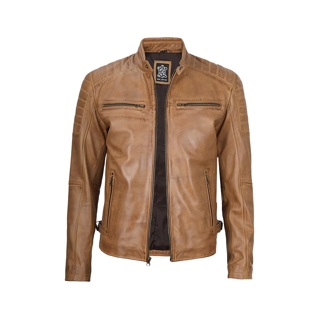 Cafe Racer Camel Brown Leather Jacket for Men