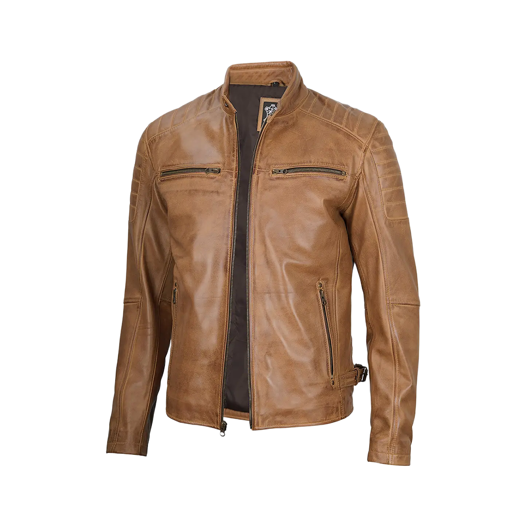 Cafe Racer Camel Brown Leather Jacket for Men
