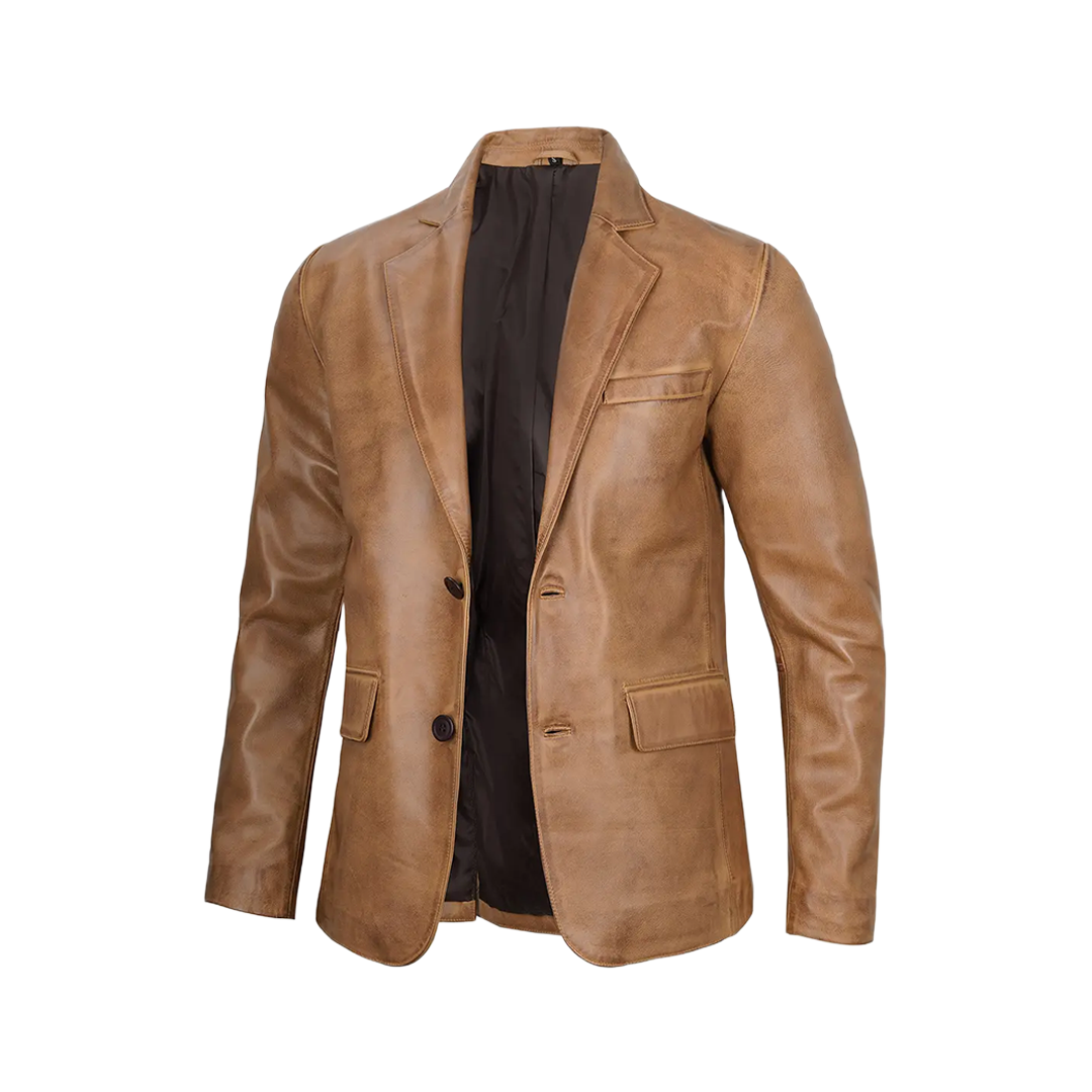 Mens Camel Leather Blazer Jacket