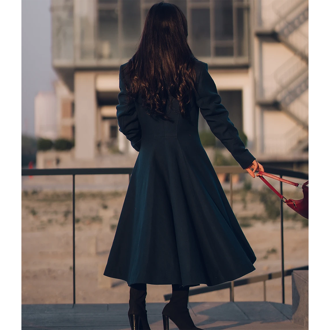 Clarice Women's Long Green Wool Coat - Overcoat for Women