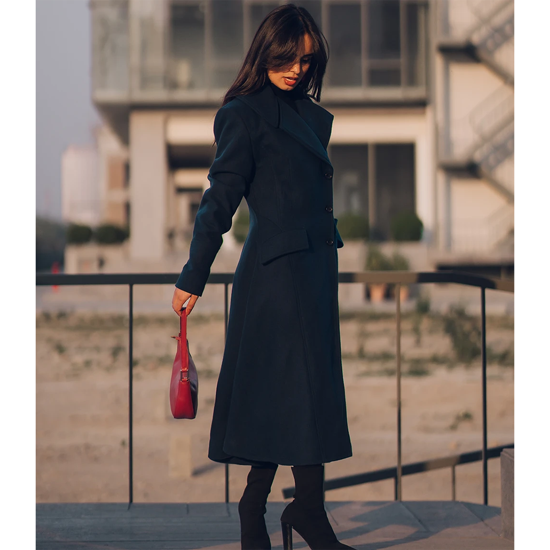 Clarice Women's Long Green Wool Coat - Overcoat for Women