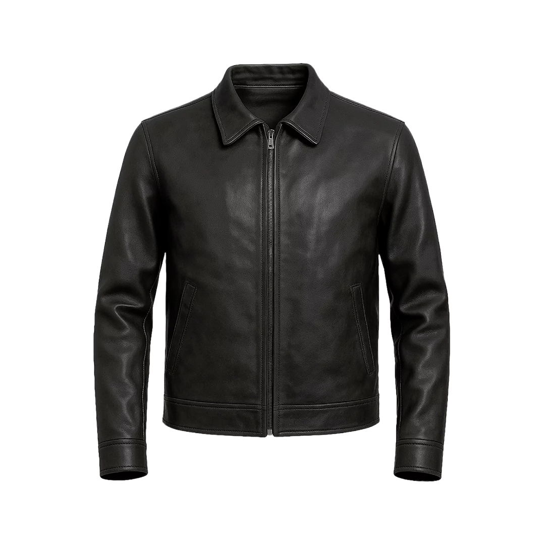 Classic Harrington Black Real Leather Jacket Men's