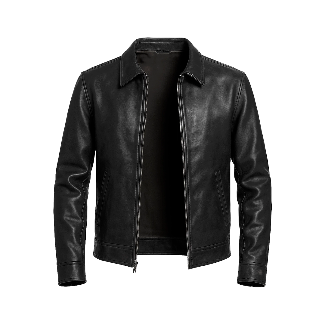 Classic Harrington Black Real Leather Jacket Men's