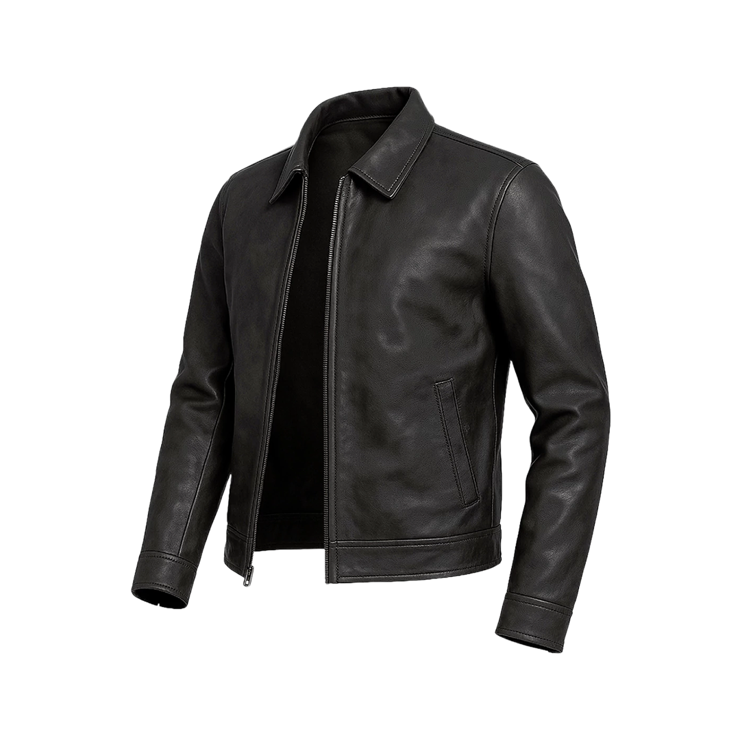 Classic Harrington Black Real Leather Jacket Men's