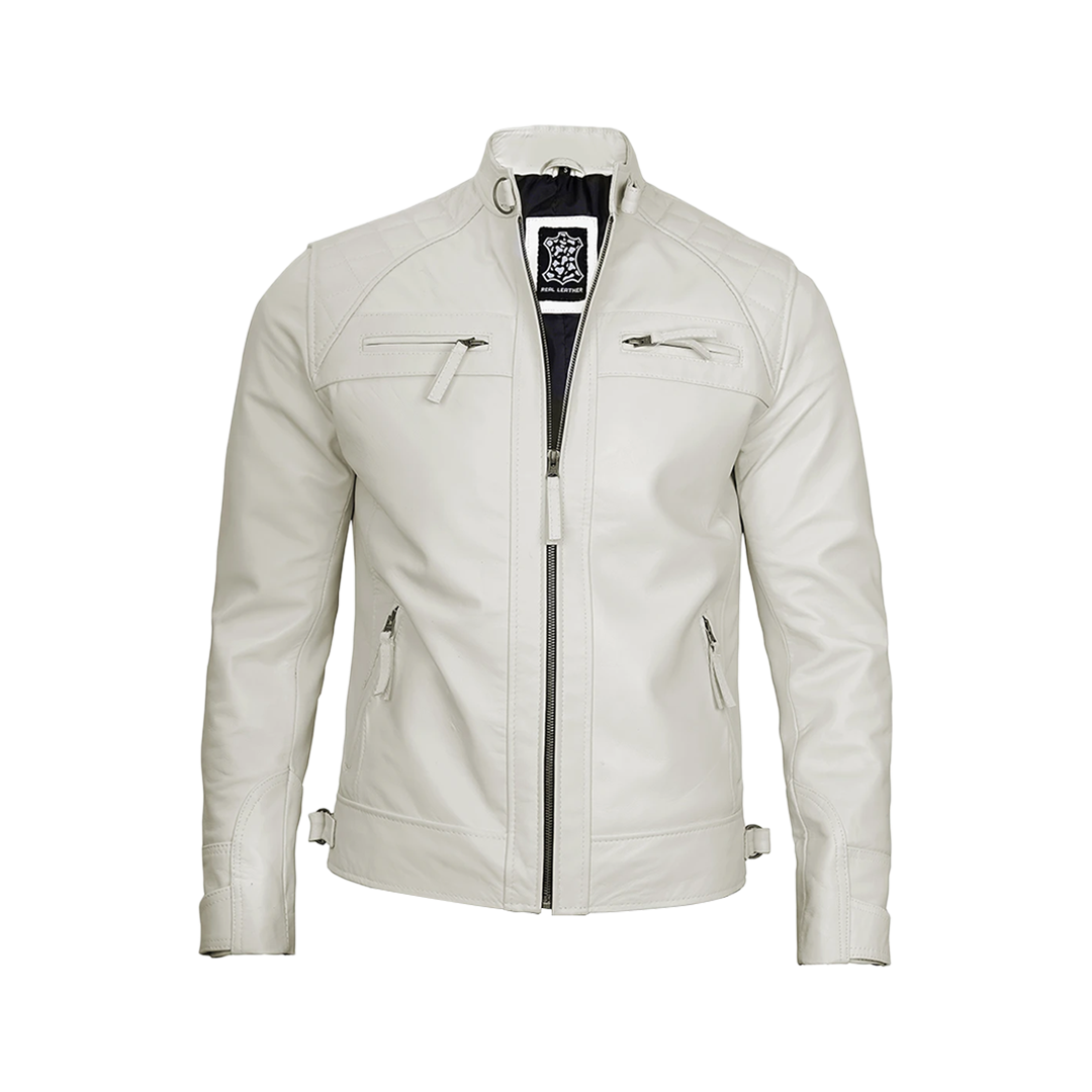 Classic Men's Off White Real Leather Cafe Racer Biker Jacket