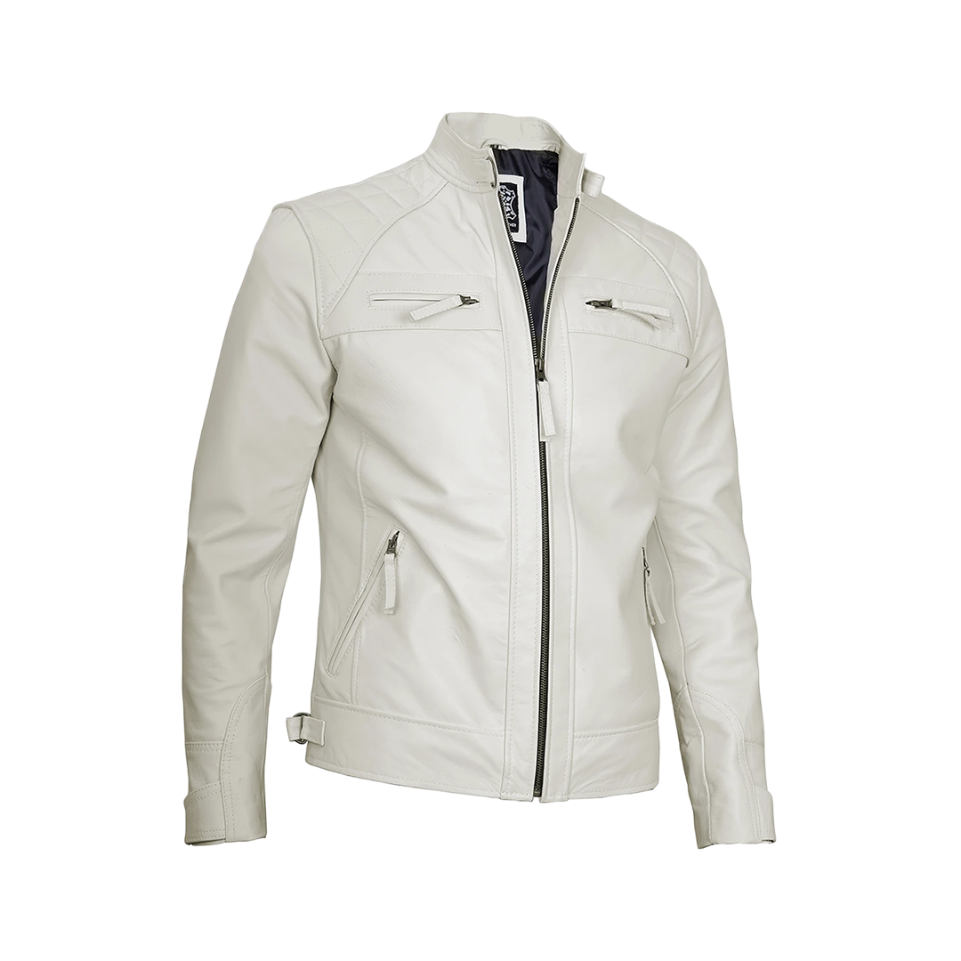 Classic Men's Off White Real Leather Cafe Racer Biker Jacket