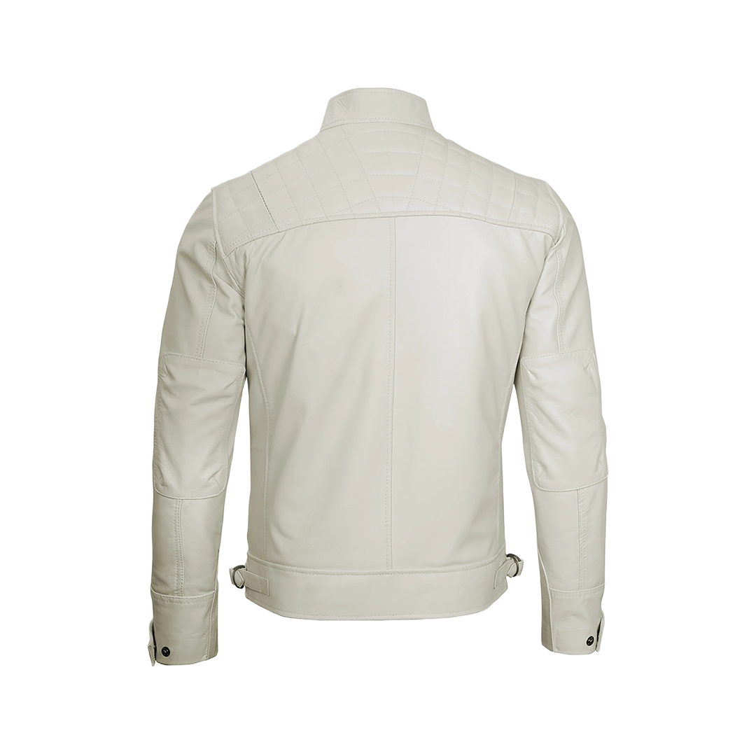 Classic Men's Off White Real Leather Cafe Racer Biker Jacket