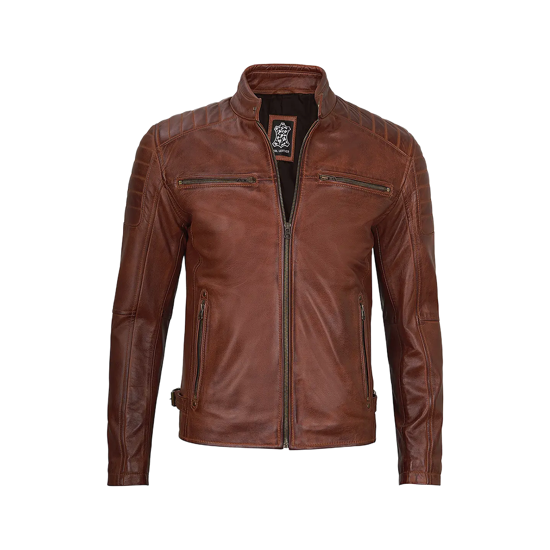 Cognac Brown Cafe Racer Leather Jacket for Men