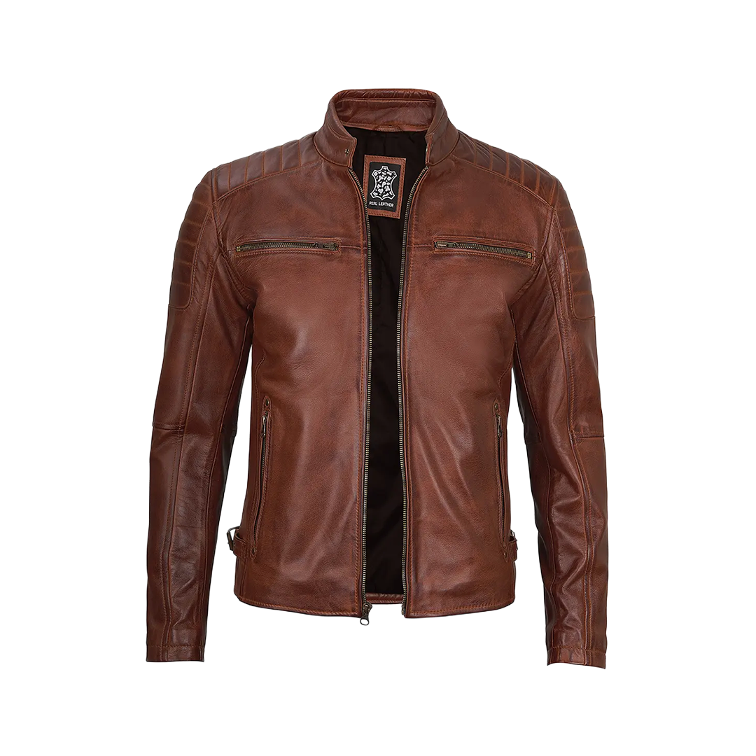 Cognac Brown Cafe Racer Leather Jacket for Men