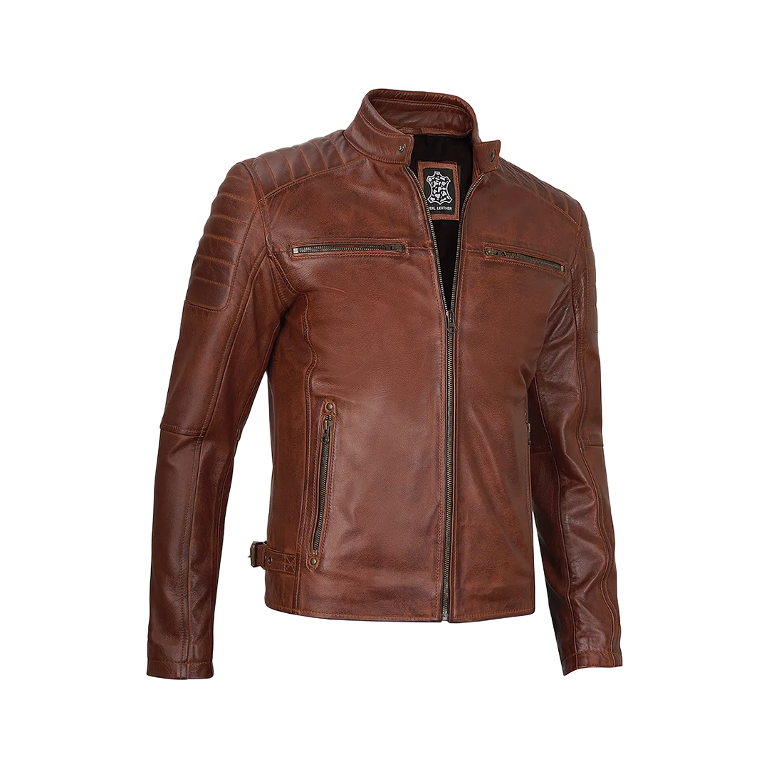 Cognac Brown Cafe Racer Leather Jacket for Men