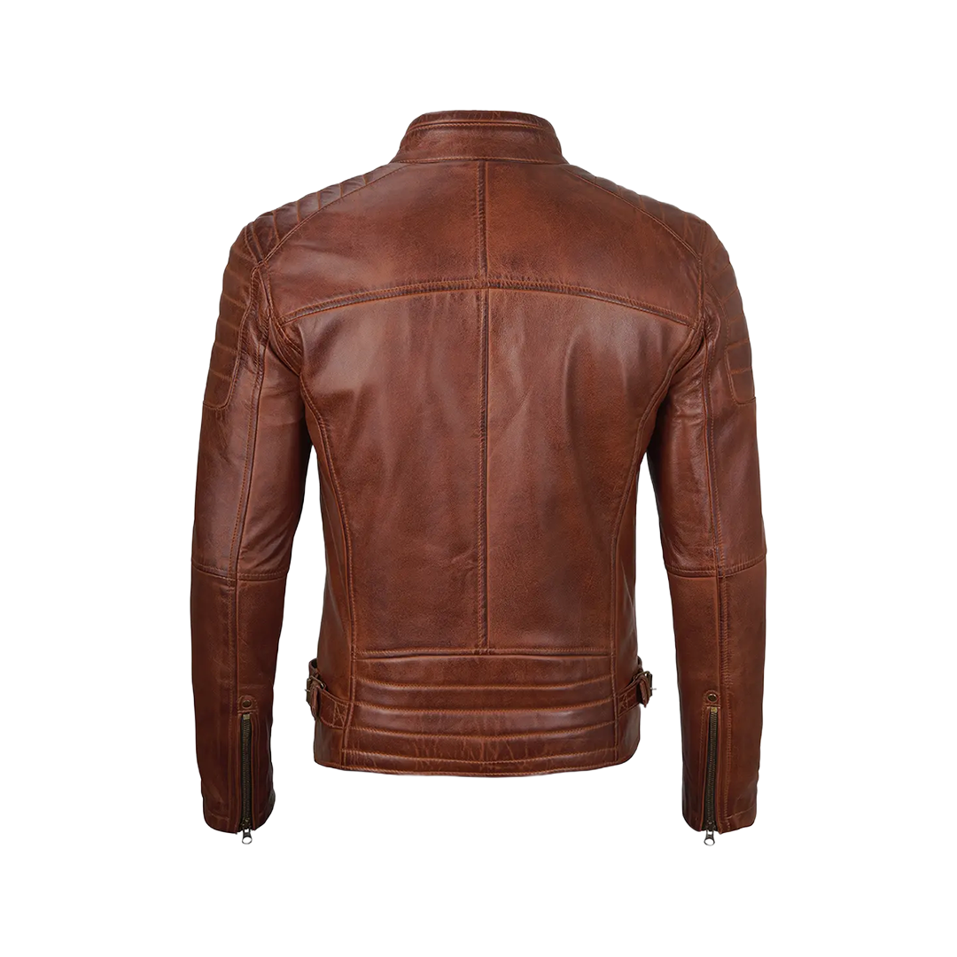 Cognac Brown Cafe Racer Leather Jacket for Men