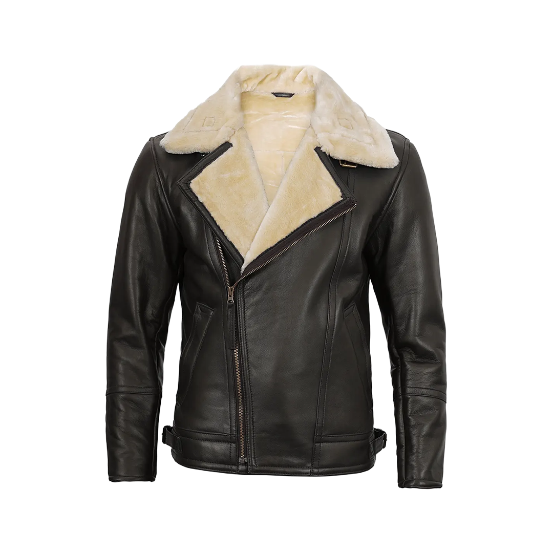 Dark Brown Asymmetrical Leather Shearling Jacket Men's