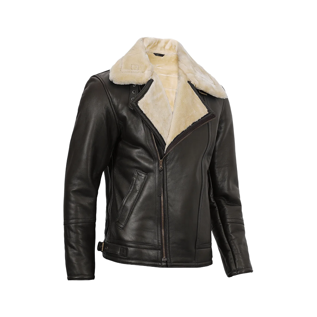 Dark Brown Asymmetrical Leather Shearling Jacket Men's