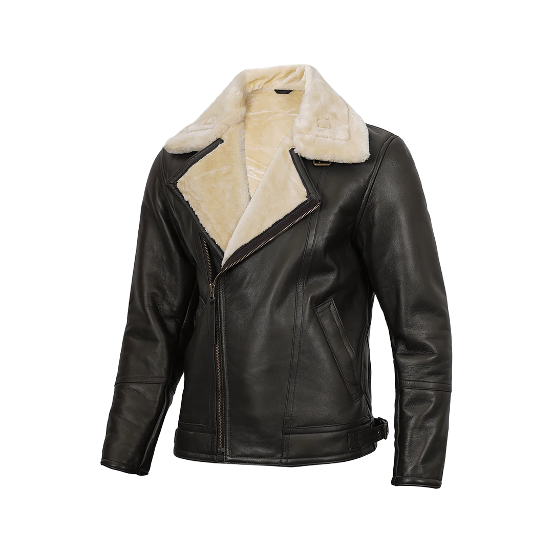 Dark Brown Asymmetrical Leather Shearling Jacket Men's