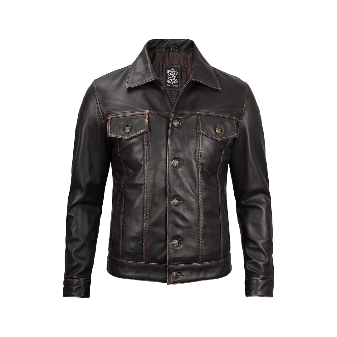 Men's Dark Brown Trucker Leather Jacket