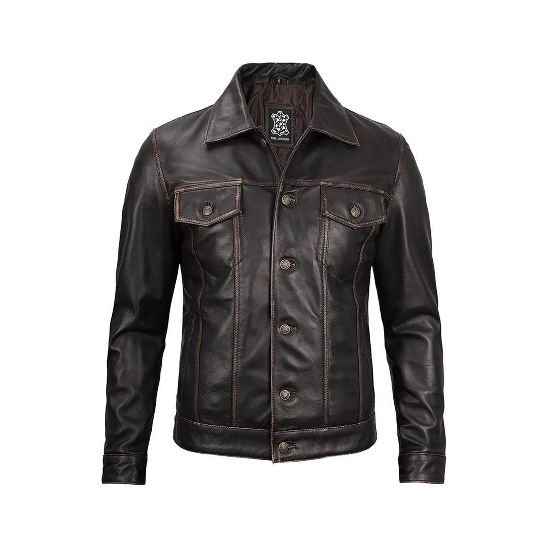 Men's Dark Brown Trucker Leather Jacket