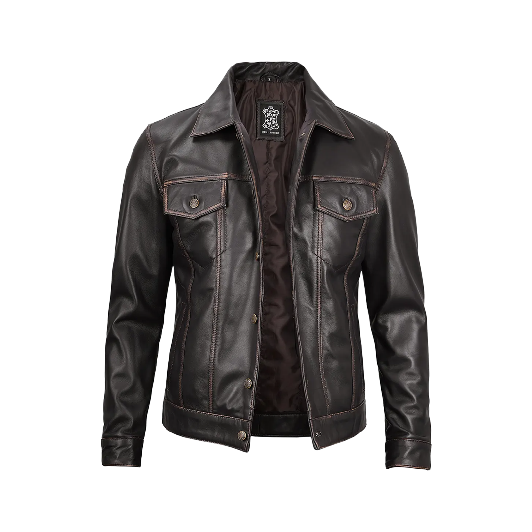 Men's Dark Brown Trucker Leather Jacket