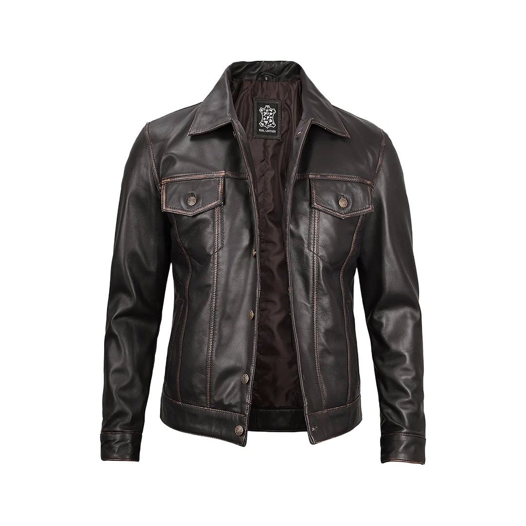 Men's Dark Brown Trucker Leather Jacket
