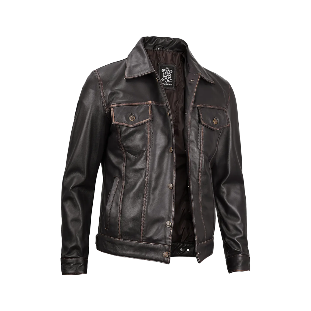 Men's Dark Brown Trucker Leather Jacket