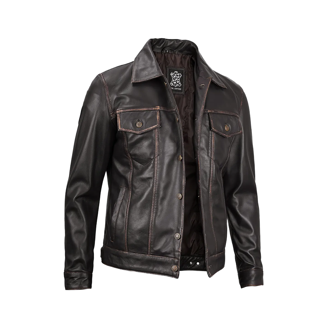 Men's Dark Brown Trucker Leather Jacket
