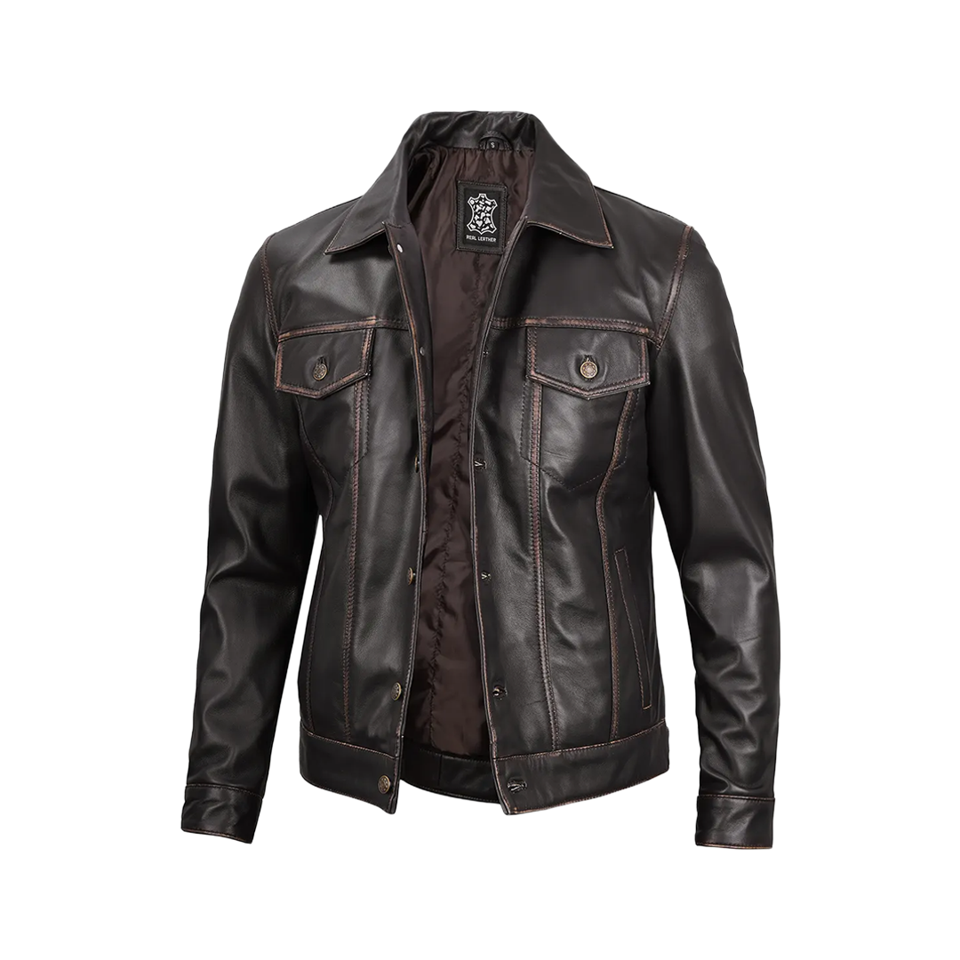 Men's Dark Brown Trucker Leather Jacket