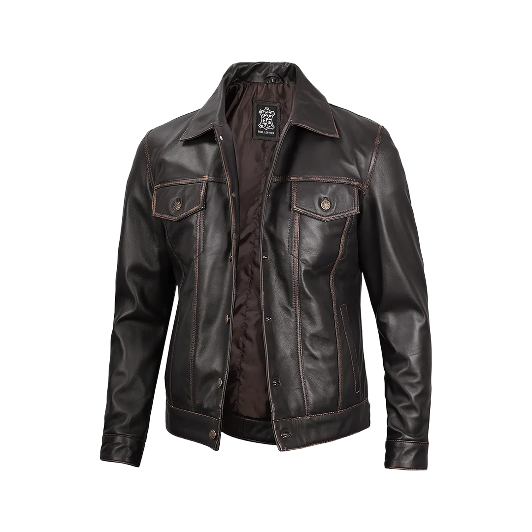 Men's Dark Brown Trucker Leather Jacket