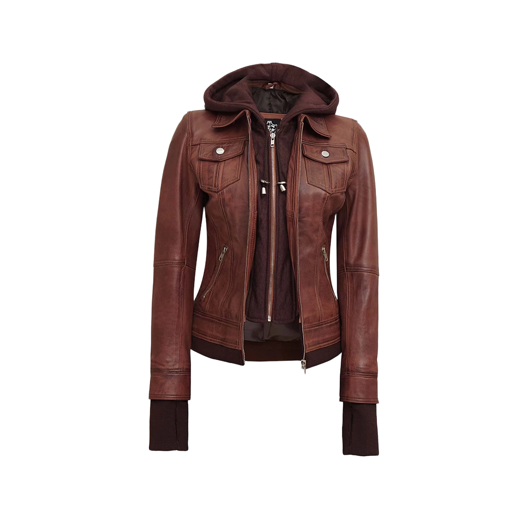 Dark Brown Women's Bomber Leather Jacket with Removable Hood