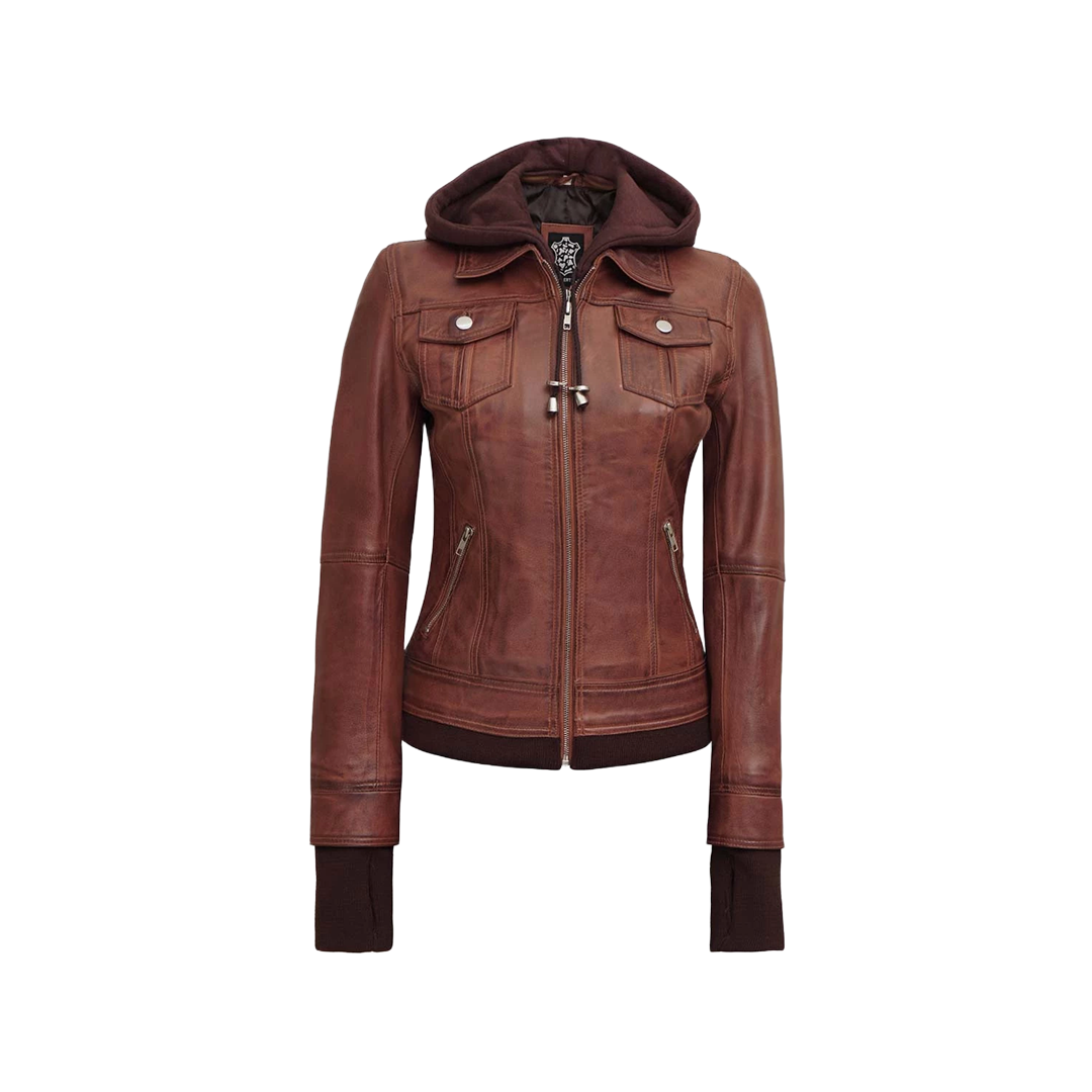 Dark Brown Women's Bomber Leather Jacket with Removable Hood