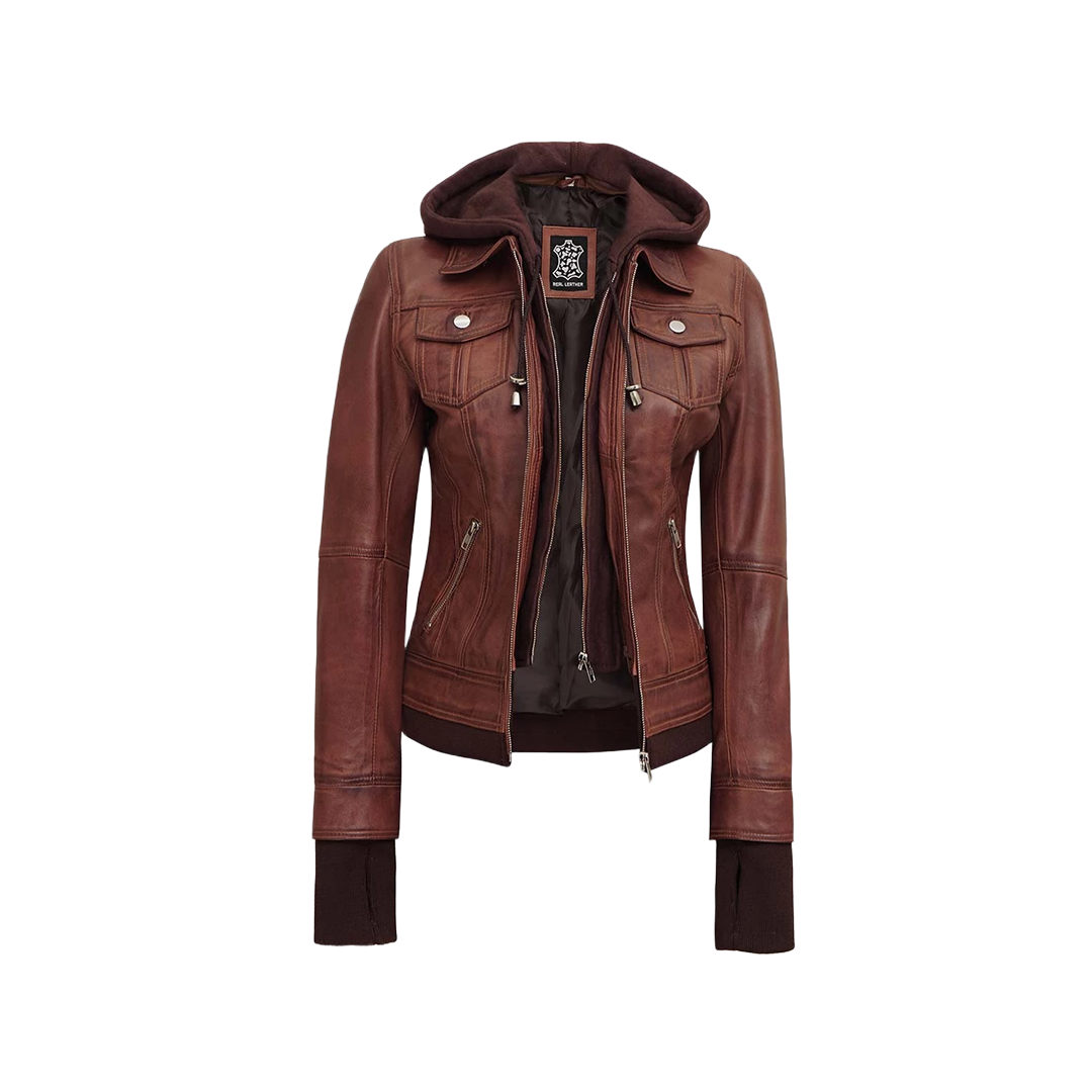 Dark Brown Women's Bomber Leather Jacket with Removable Hood