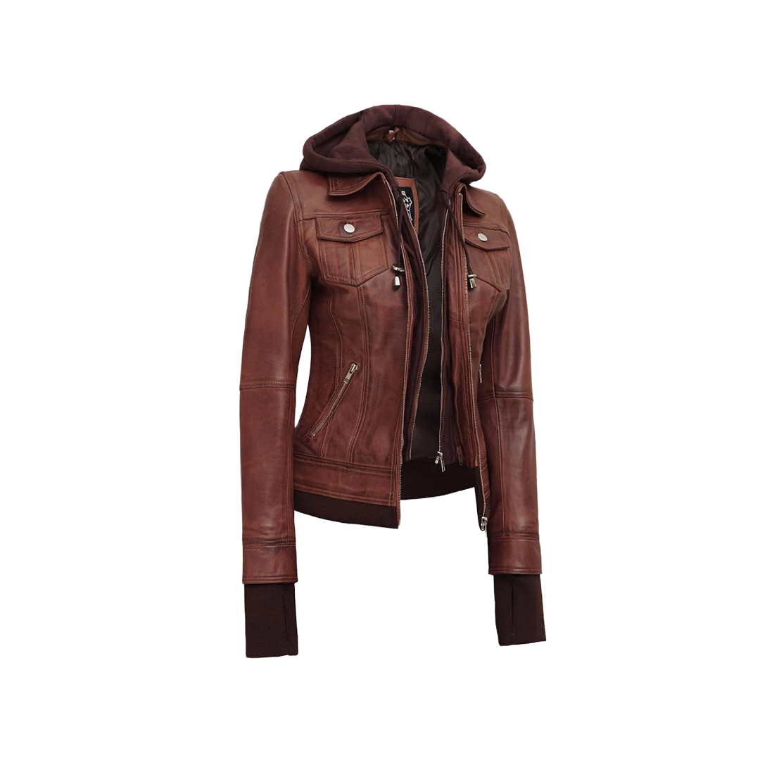 Dark Brown Women's Bomber Leather Jacket with Removable Hood
