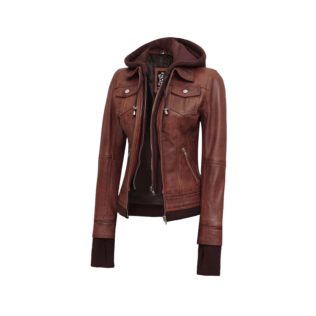 Dark Brown Women's Bomber Leather Jacket with Removable Hood