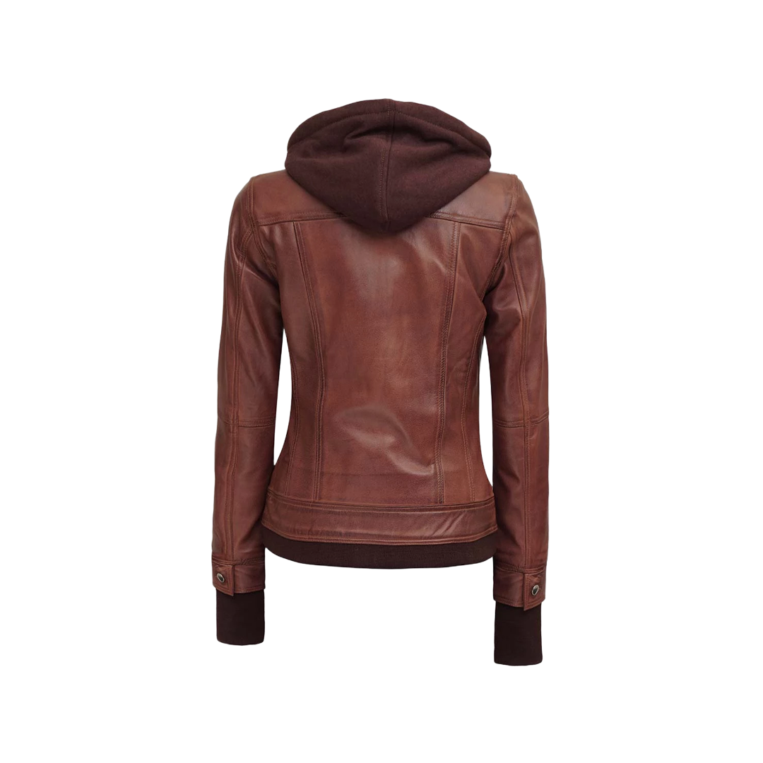 Dark Brown Women's Bomber Leather Jacket with Removable Hood