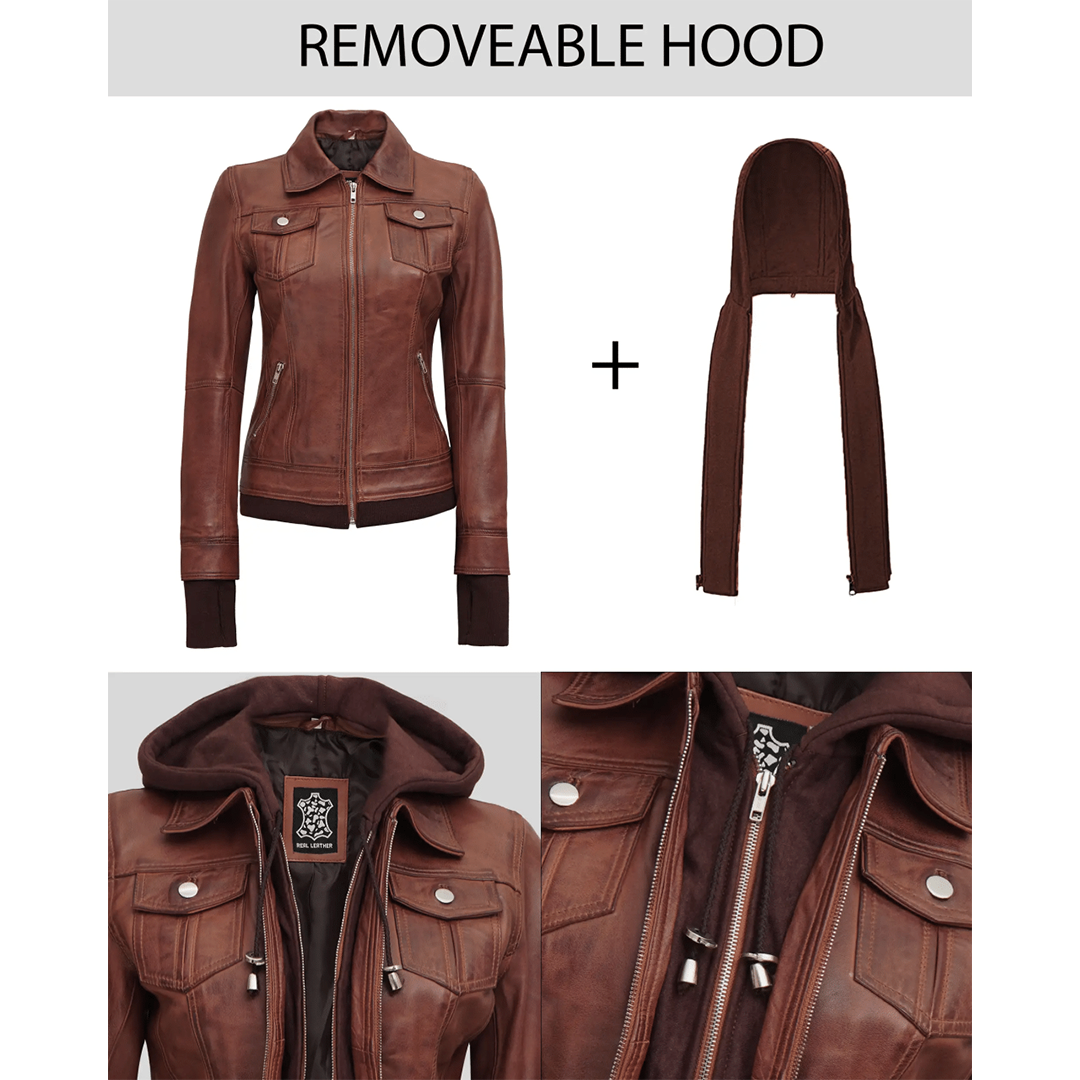 Dark Brown Women's Bomber Leather Jacket with Removable Hood